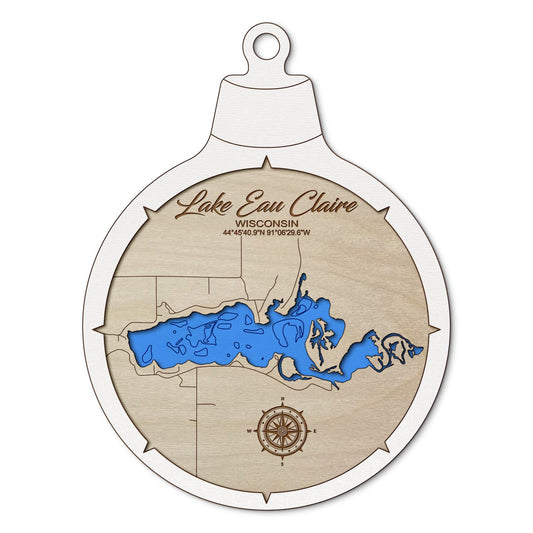 Lake Eau Claire, Wisconsin Custom 3D Layered Wood Lake Map Ornament | Handcrafted Bathymetric Art