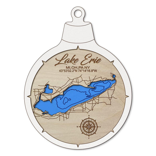 Lake Erie Custom 3D Layered Wood Lake Map Ornament | Handcrafted Bathymetric Art
