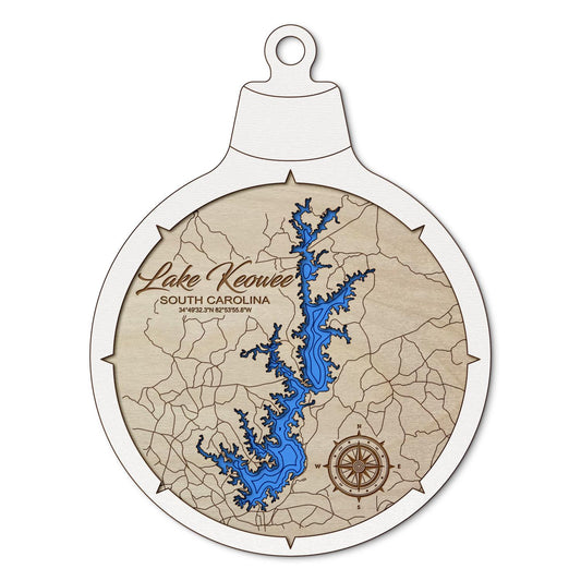 Lake Keowee, South Carolina Custom 3D Layered Wood Lake Map Ornament | Handcrafted Bathymetric Art