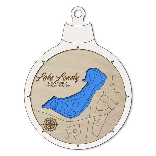 Lake Lonely, New York Custom 3D Layered Wood Lake Map Ornament | Handcrafted Bathymetric Art