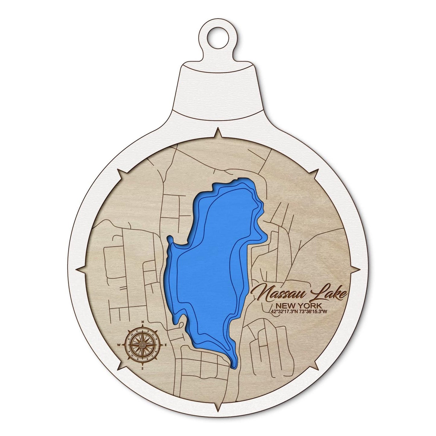 Nassau Lake, New York Custom 3D Layered Wood Lake Map Ornament | Handcrafted Bathymetric Art