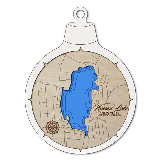 Nassau Lake, New York Custom 3D Layered Wood Lake Map Ornament | Handcrafted Bathymetric Art