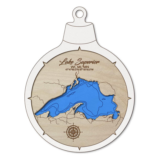 Lake Superior, Wi, Mi, MN Custom 3D Layered Wood Lake Map Ornament | Handcrafted Bathymetric Art