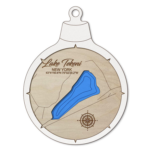 Lake Tekeni, New York Custom 3D Layered Wood Lake Map Ornament | Handcrafted Bathymetric Art