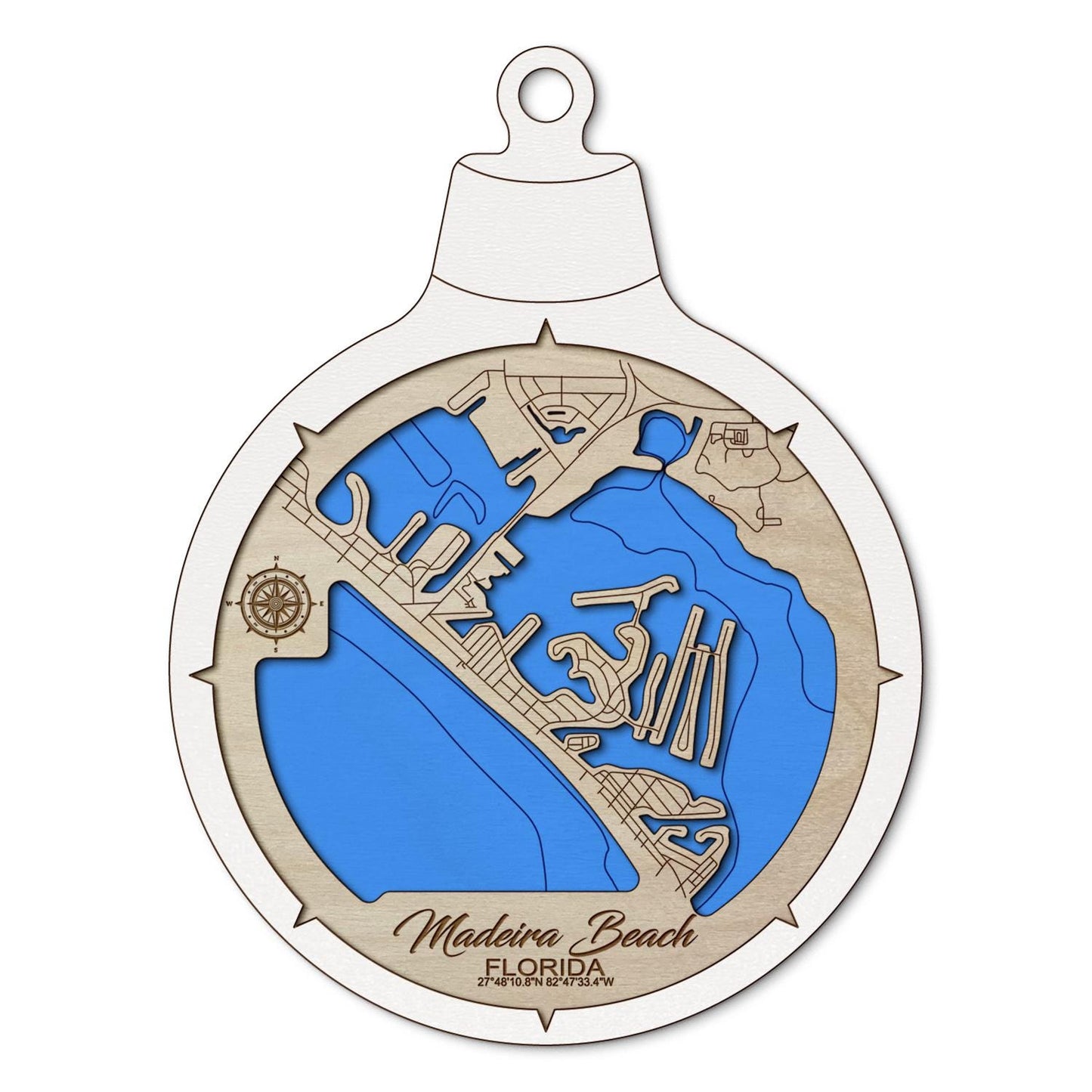 Madeira Beach, Florida Custom 3D Layered Wood Lake Map Ornament | Handcrafted Bathymetric Art