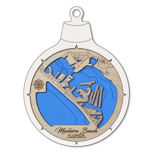 Madeira Beach, Florida Custom 3D Layered Wood Lake Map Ornament | Handcrafted Bathymetric Art