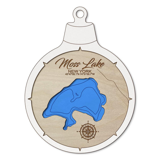 Moss Lake, New York Custom 3D Layered Wood Lake Map Ornament | Handcrafted Bathymetric Art