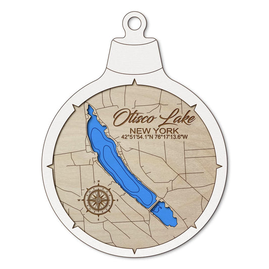 Otisco Lake, New York Custom 3D Layered Wood Lake Map Ornament | Handcrafted Bathymetric Art