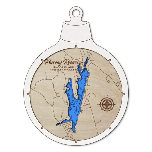 Pascoag Reservoir, Rhode Island Custom 3D Layered Wood Lake Map Ornament | Handcrafted Bathymetric Art