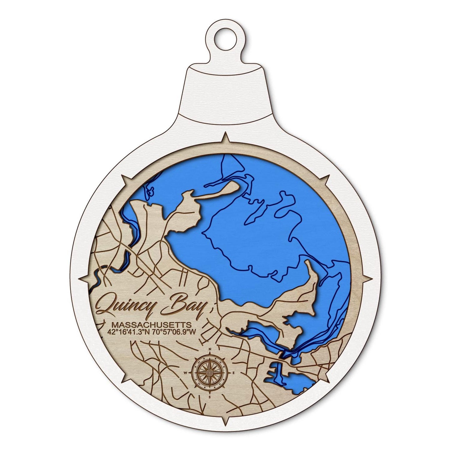 Quincy Bay, Massachusetts Custom 3D Layered Wood Lake Map Ornament | Handcrafted Bathymetric Art