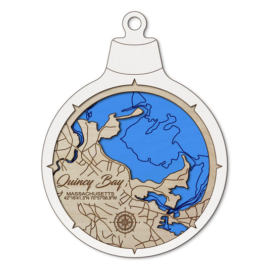 Quincy Bay, Massachusetts Custom 3D Layered Wood Lake Map Ornament | Handcrafted Bathymetric Art