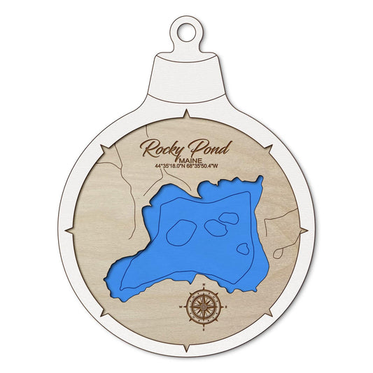 Rocky Pond in Orland, Maine Custom 3D Layered Wood Lake Map Ornament | Handcrafted Bathymetric Art