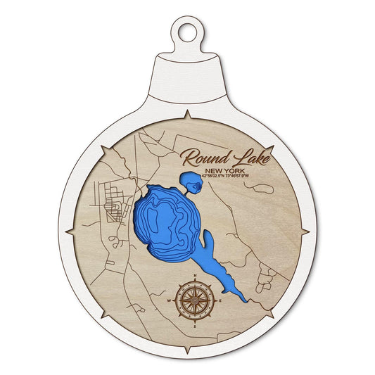 Round Lake, New York Custom 3D Layered Wood Lake Map Ornament | Handcrafted Bathymetric Art