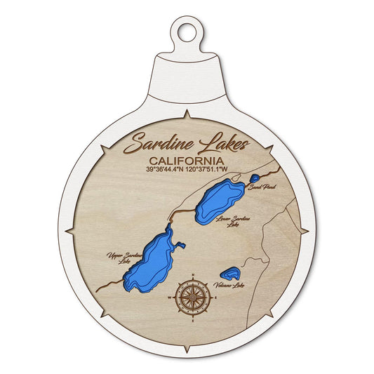 Sardine Lakes, California Custom 3D Layered Wood Lake Map Ornament | Handcrafted Bathymetric Art