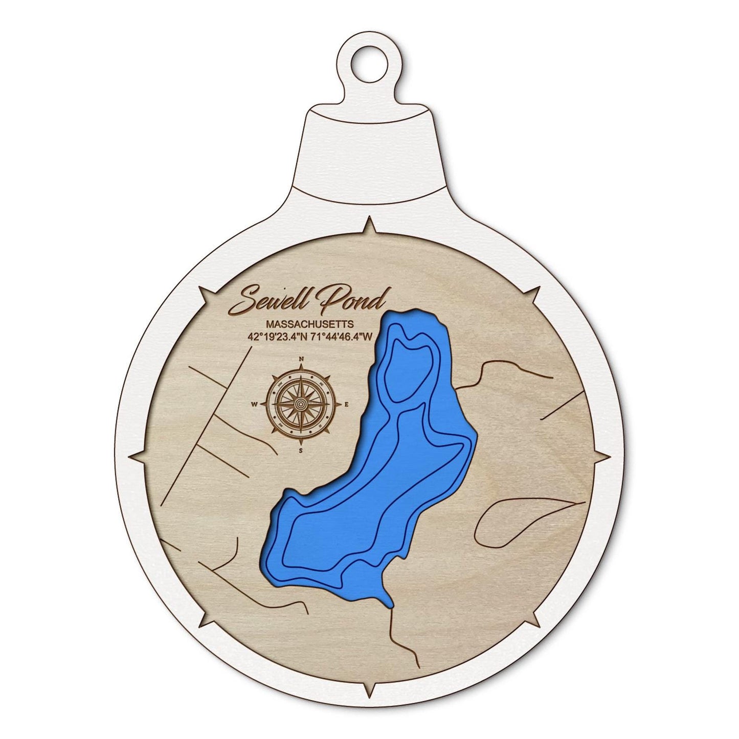 Sewell Pond, Massachusetts Custom 3D Layered Wood Lake Map Ornament | Handcrafted Bathymetric Art