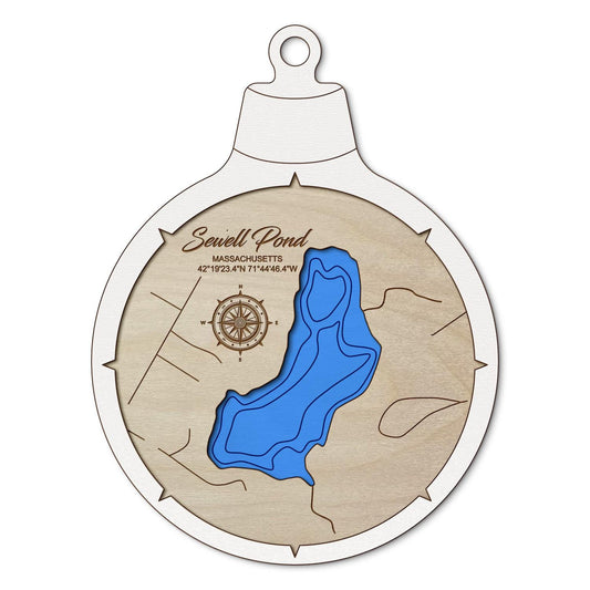 Sewell Pond, Massachusetts Custom 3D Layered Wood Lake Map Ornament | Handcrafted Bathymetric Art