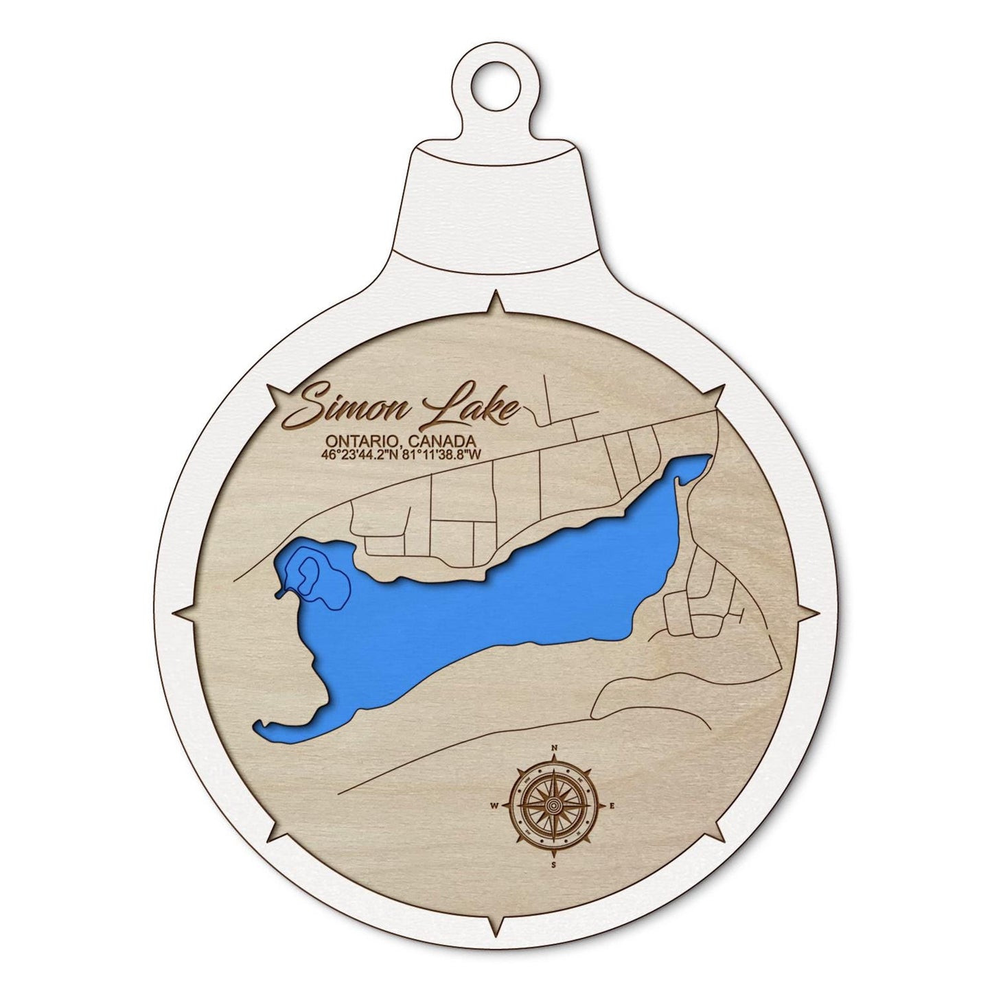 Simon Lake in Ontario, Canada Custom 3D Layered Wood Lake Map Ornament | Handcrafted Bathymetric Art