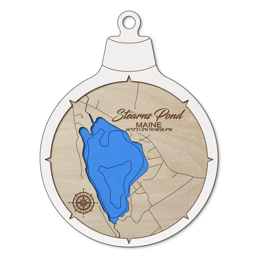 Stearns Pond, Maine Custom 3D Layered Wood Lake Map Ornament | Handcrafted Bathymetric Art