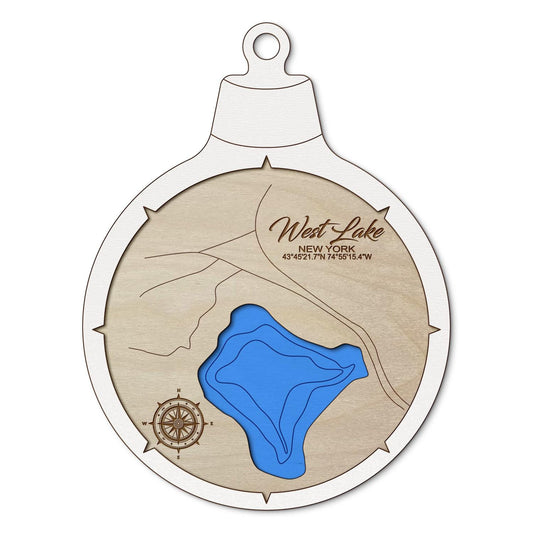 West Lake in Old Forge, New York Custom 3D Layered Wood Lake Map Ornament | Handcrafted Bathymetric Art