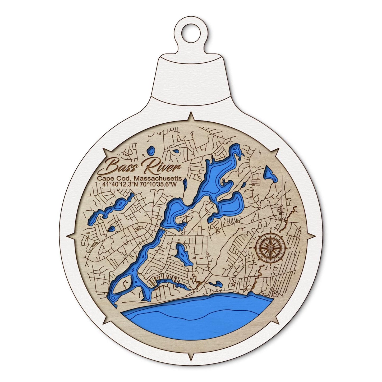 Bass River Cape Cod, Massachusetts Custom 3D Layered Wood Lake Map Ornament | Handcrafted Bathymetric Art