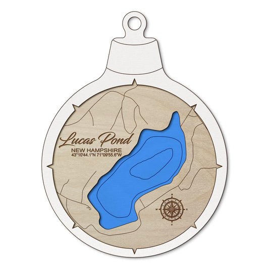 Lucas Pond, New Hampshire Custom 3D Layered Wood Lake Map Ornament | Handcrafted Bathymetric Art