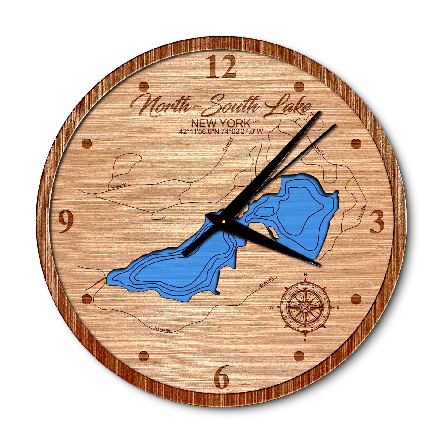 North & South Lake, New York 14in Layered Map Clock - Any Lake, Pond, or Reservoir - Unique Home Decor
