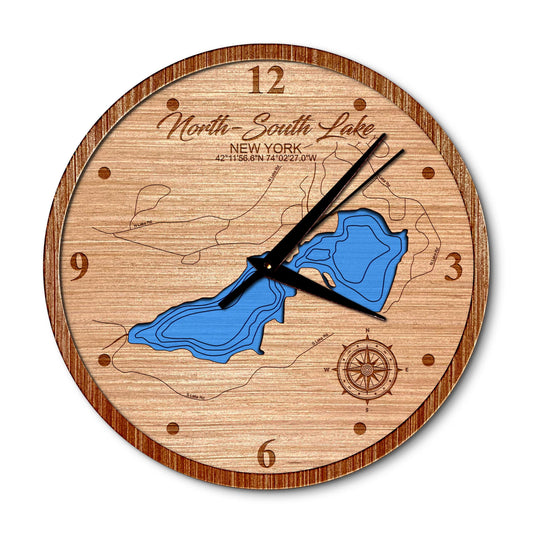 North & South Lake, New York 14in Layered Map Clock - Any Lake, Pond, or Reservoir - Unique Home Decor