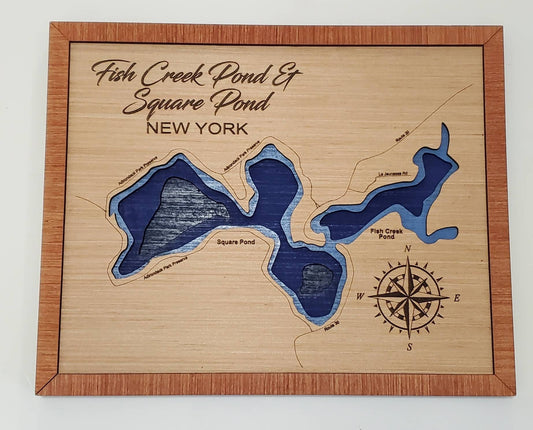 Fish Creek and Square Pond in NY 3D topographical map. Custom lake house map. lake house decor. wall art and wall decor. depth map.