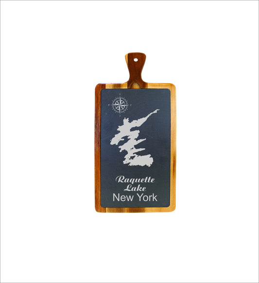 Raquette Lake slate and wood cutting board. Charcuterie board. Can be custom with and lake.