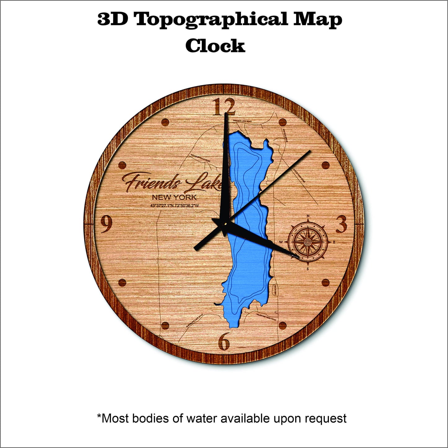 Friends Lake in New York 3D topographical map clock