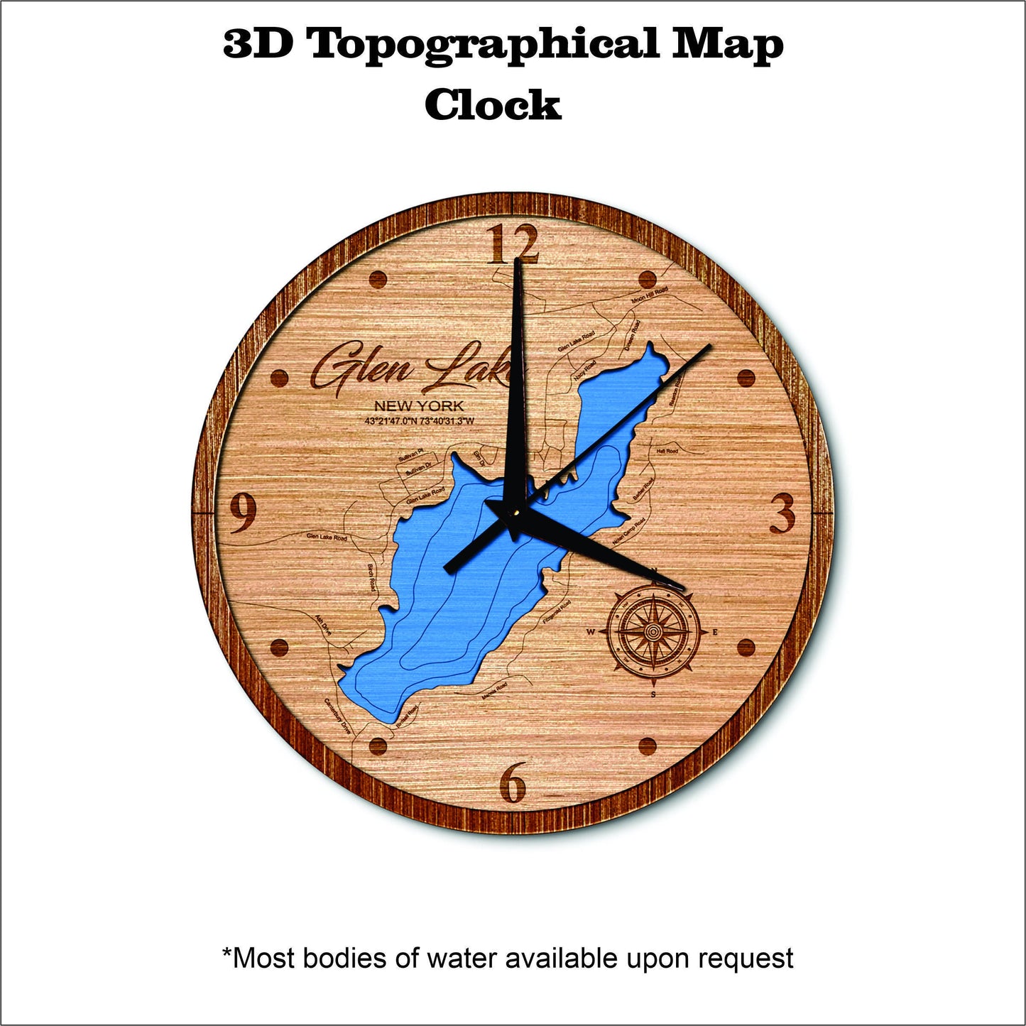 Glen Lake in New York 3D topographical map clock