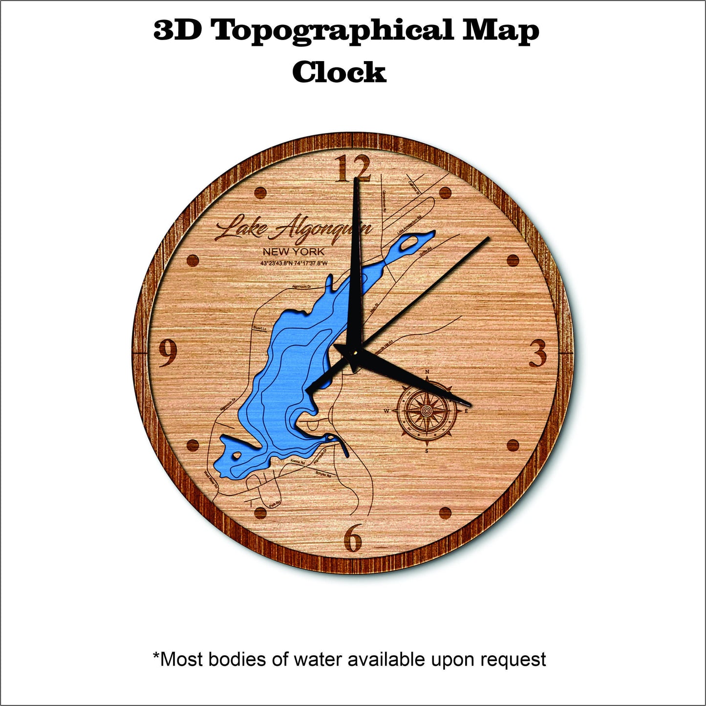 Lake Algonquin in New York 3D topographical map clock