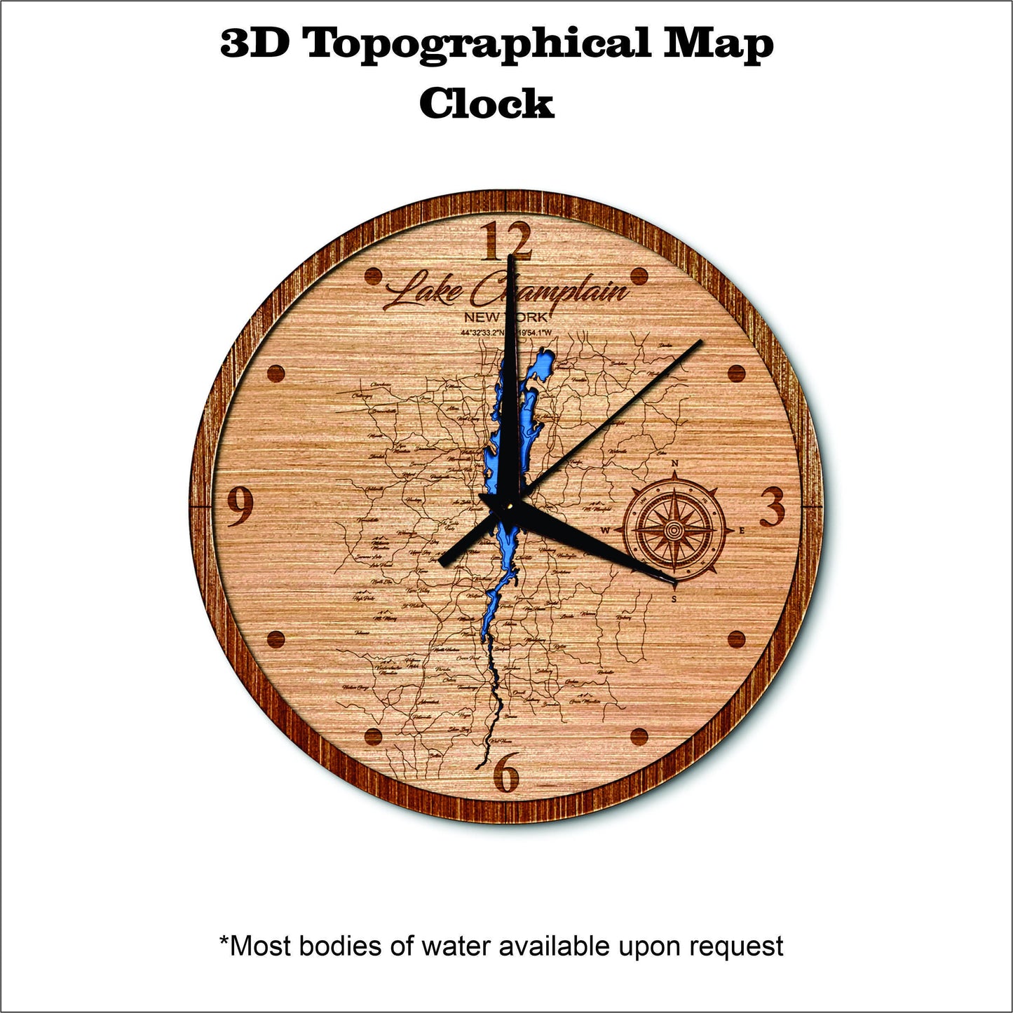 Lake Champlain in New York 3D topographical map clock