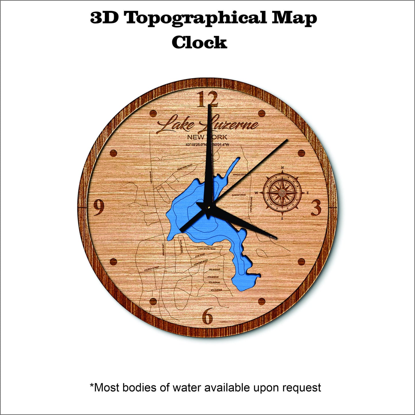 Lake Luzerne in New York 3D topographical map clock