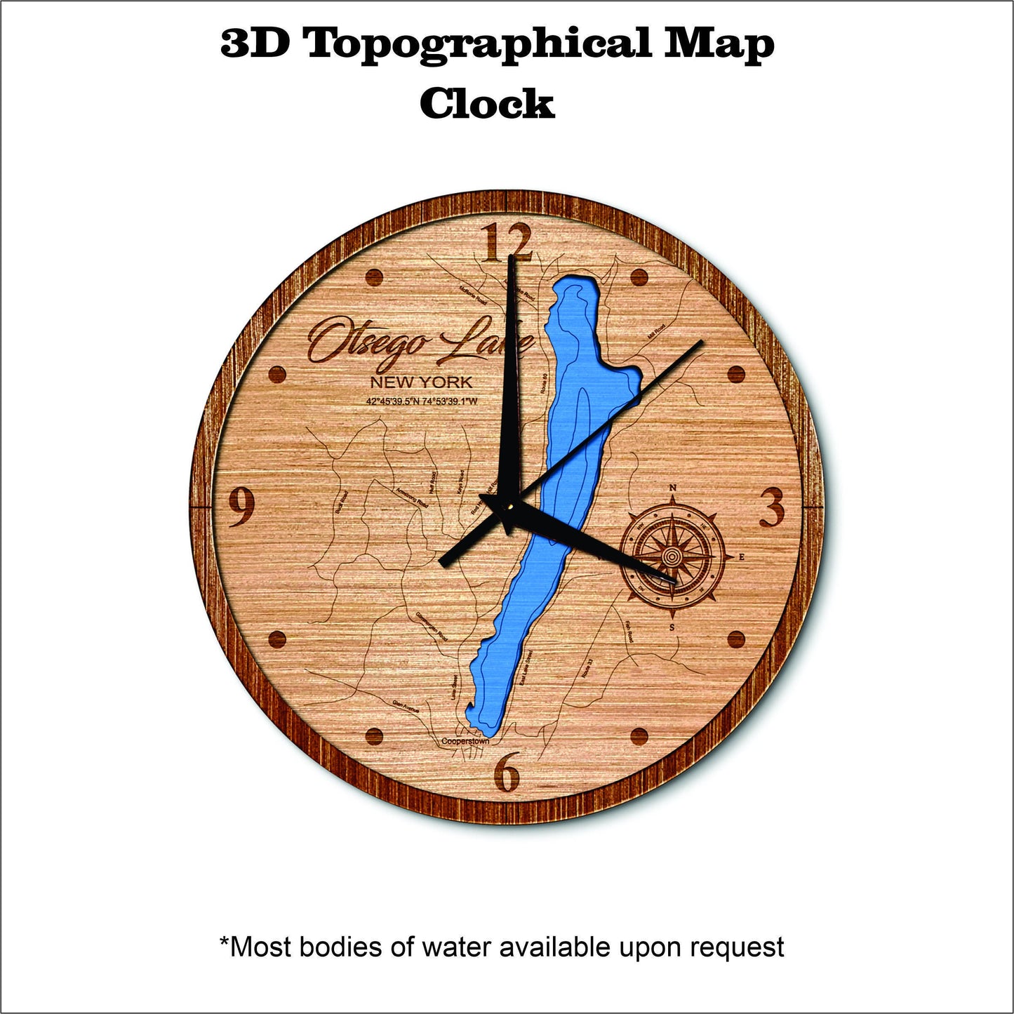 Otsego Lake in New York 3D topographical map clock