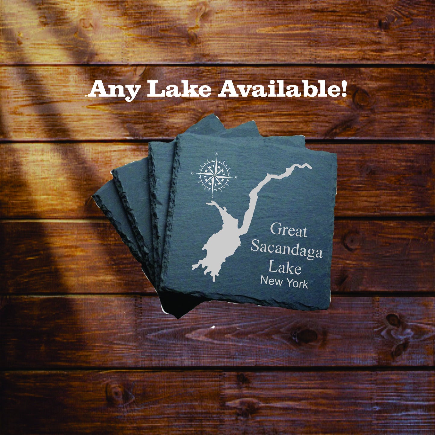 Great Sacandaga Lake Slate coasters. Set of 4! FREE SHIPPING. Great for the lake house or cabin, fishing spot, or camping