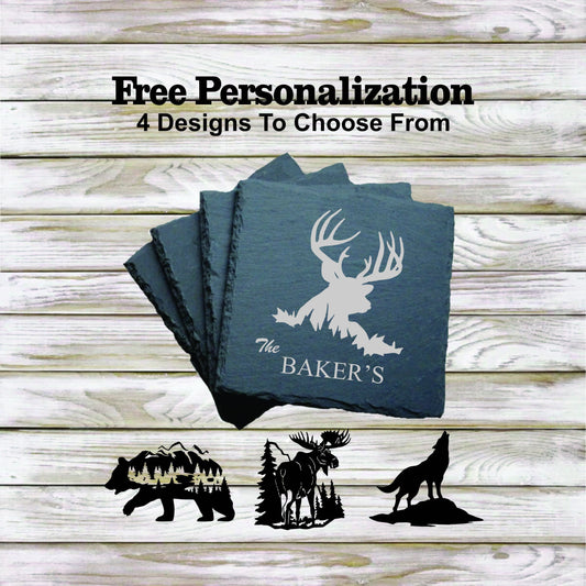 Deer, Bear, Moose, Coyote Slate coasters. Set of 4! FREE SHIPPING. Great for the lake house or cabin, or camp or home