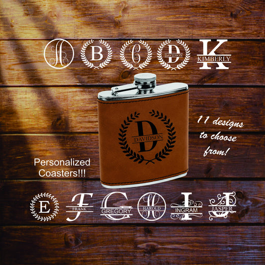 Custom leather monogram flask.  Personalized flask, laser engraved flask, great for groomsman