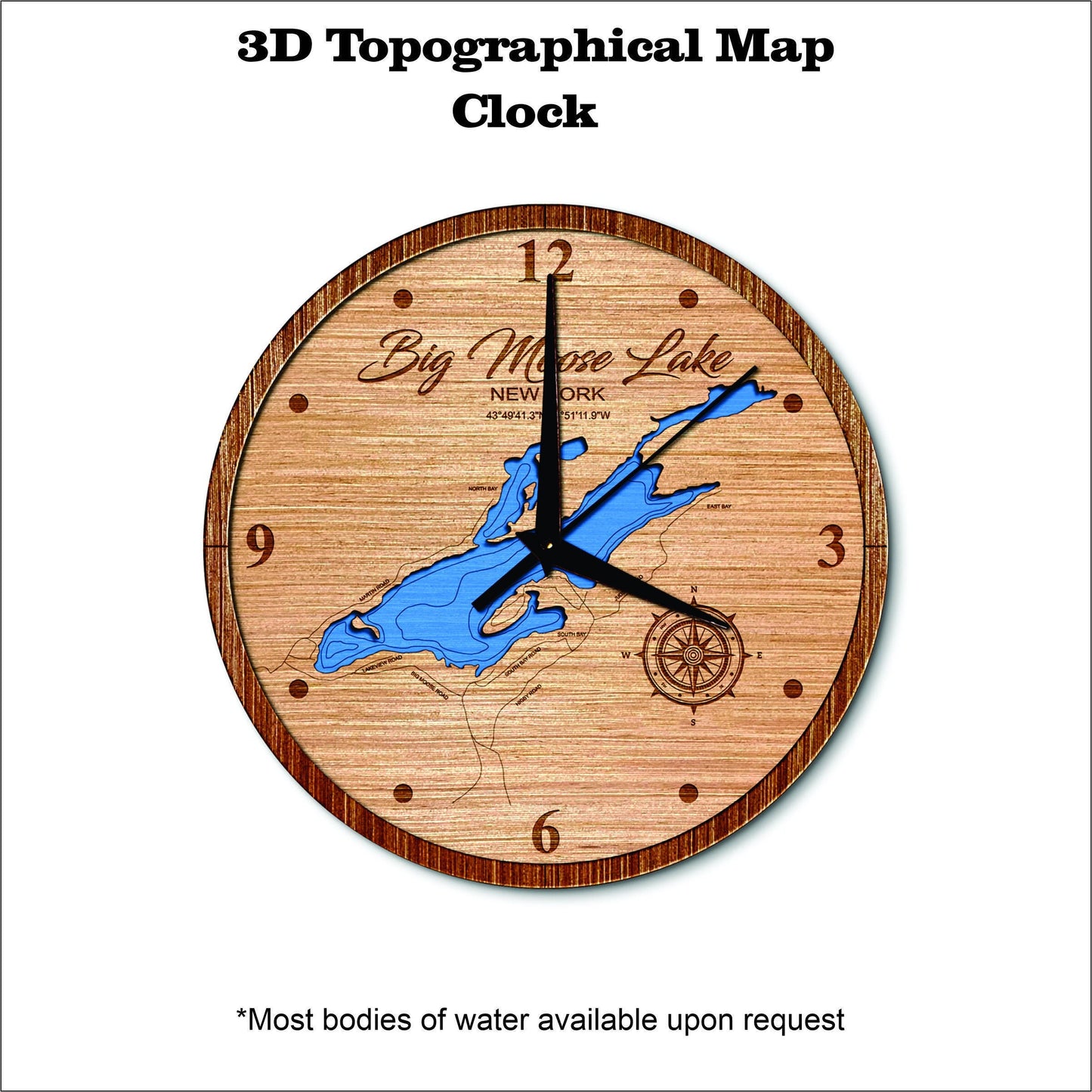 Big Moose Lake in New York 3D topographical map clock