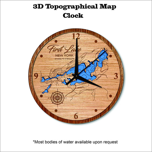 First Lake (fulton chain)in New York 3D topographical map clock