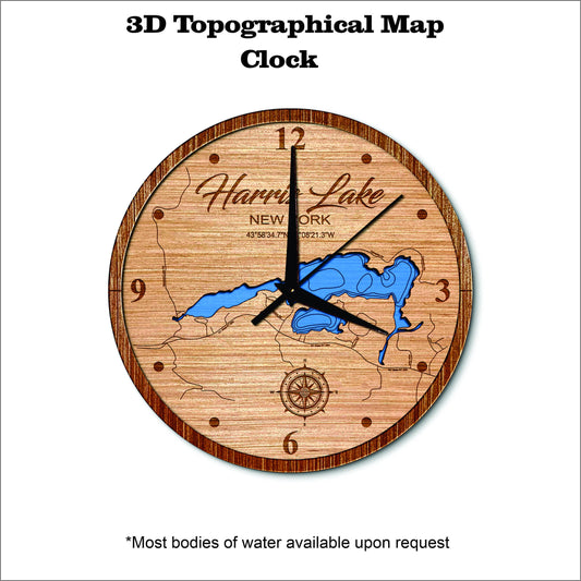 Harris Lake in New York 3D topographical map clock