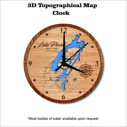 Lake Placid and Mirror in New York 3D topographical map clock