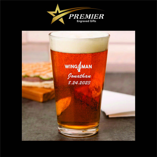 Custom Wingman Pint Glass. Laser engraved. great for wedding
