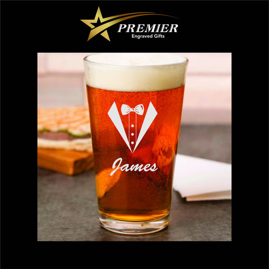 Custom Tuxedo Pint Glass. Laser engraved. great for wedding