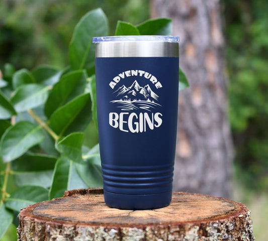 Adventure Begins insulated tumbler drinkware. 12 colors to choose!  FREE PERSONALIZATION & SHIPPING