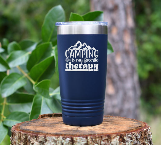 Camping is My Favorite Therapy insulated tumbler drinkware. 12 colors to choose!  FREE PERSONALIZATION & SHIPPING