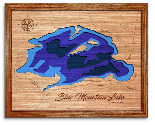 Blue Mountain Lake in New York 3D topographical map. custom lake map. lake house decor. lake art.