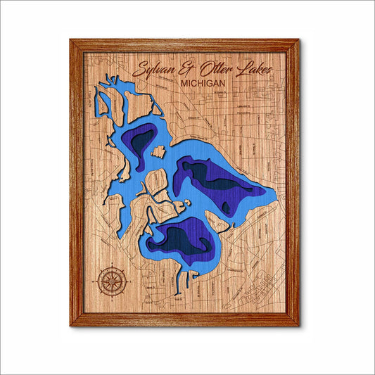 Sylvan & Otter Lake Michigan 3D Topographical Map. Lake house decor.